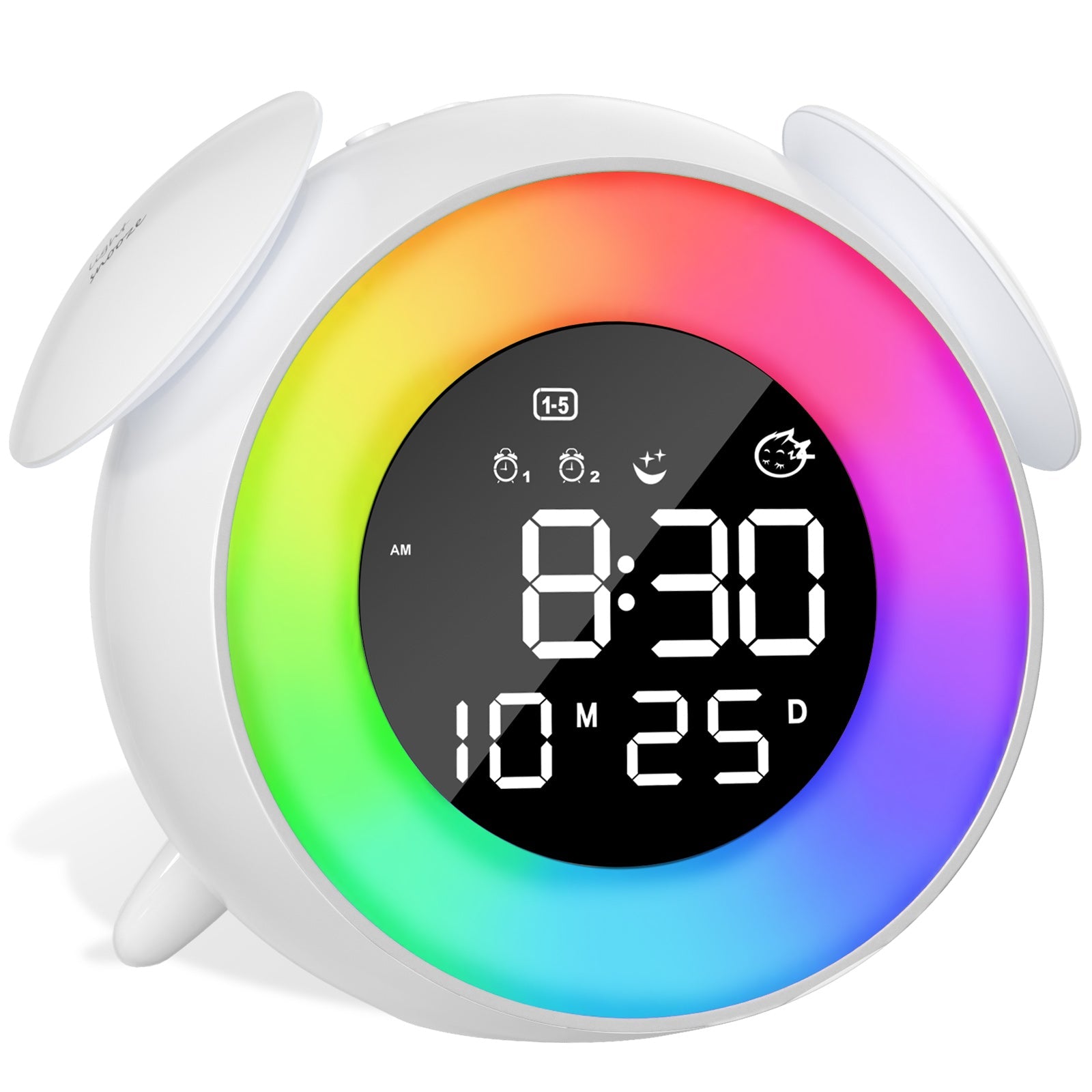 Children's Digital Alarm Clock, Children's Alarm Clock, Day/Night, LED Digital Clock with Snooze, 2 Alarms, 10 Colour Lights, 7 Ringtones, 12/24 H, Wake/Sunset Light