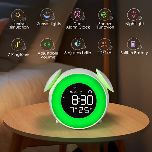 Children's Alarm Clock, Sleep Trainer with 15 Colour Light Alarm Clock, Snooze, Dual Alarm, Sunrise Simulator, Weekday/Weekend Mode, Digital Children's Alarm Clock for Boys and Girls