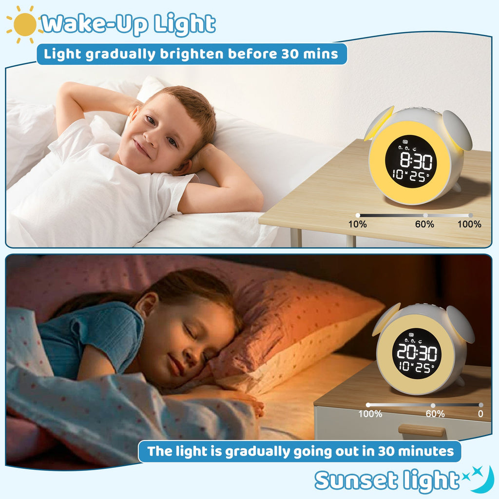 Children's Digital Alarm Clock, Children's Alarm Clock, Day/Night, LED Digital Clock with Snooze, 2 Alarms, 10 Colour Lights, 7 Ringtones, 12/24 H, Wake/Sunset Light