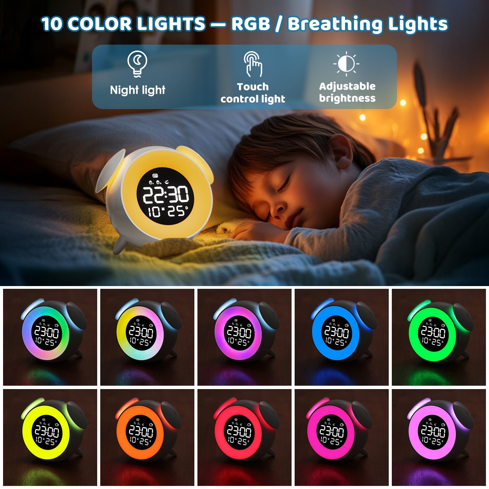 Children's Digital Alarm Clock, Children's Alarm Clock, Day/Night, LED Digital Clock with Snooze, 2 Alarms, 10 Colour Lights, 7 Ringtones, 12/24 H, Wake/Sunset Light
