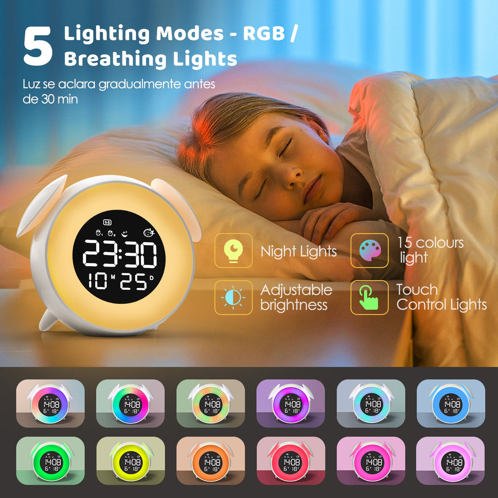 Children's Alarm Clock, Sleep Trainer with 15 Colour Light Alarm Clock, Snooze, Dual Alarm, Sunrise Simulator, Weekday/Weekend Mode, Digital Children's Alarm Clock for Boys and Girls