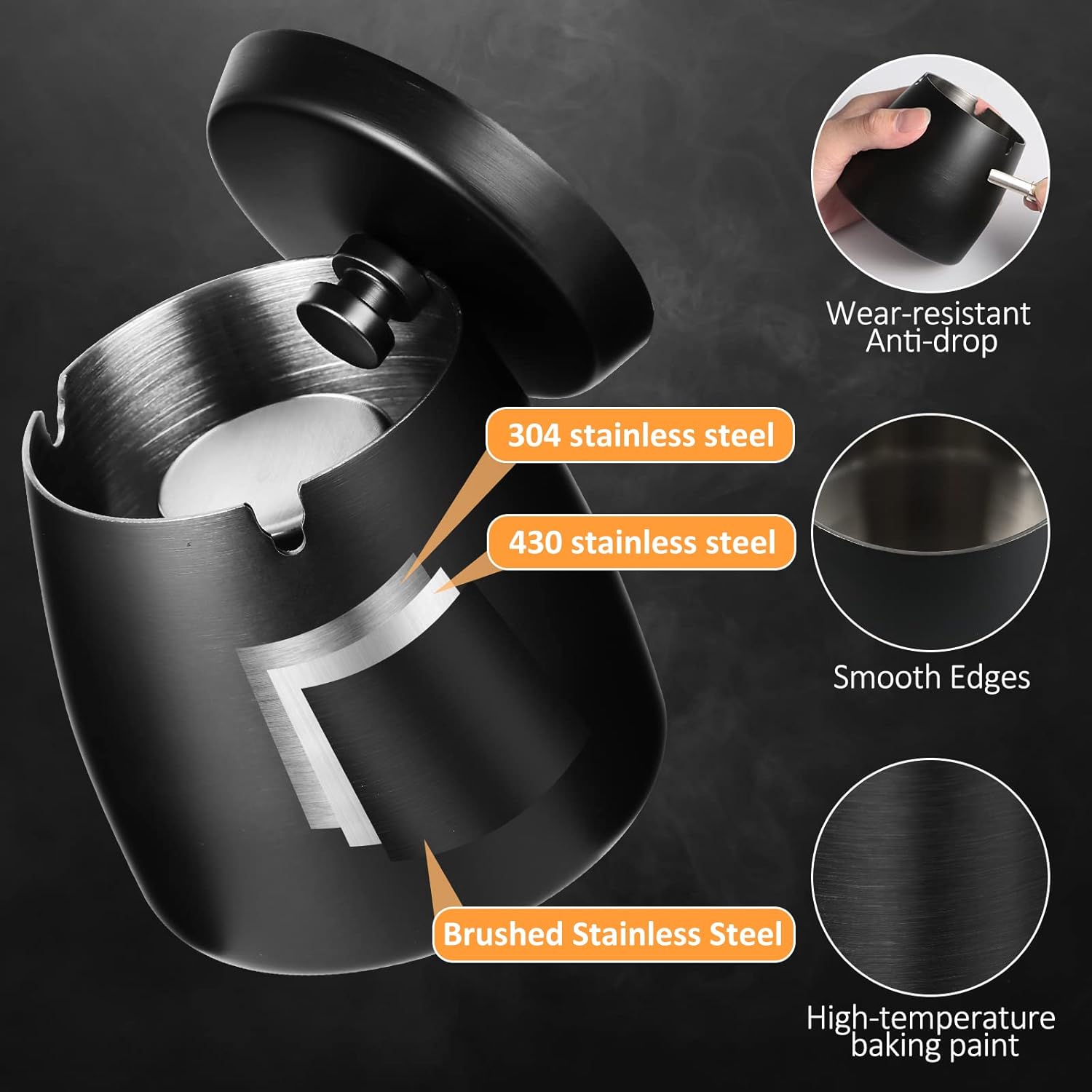 Ashtray with Lid, Windproof Ashtray for Outdoor and Indoor, Smell Proof Metal Ashtray for Garden, Bar, Balcony, Home Office Decoration, Black