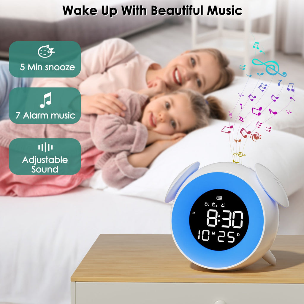 Children's Digital Alarm Clock, Children's Alarm Clock, Day/Night, LED Digital Clock with Snooze, 2 Alarms, 10 Colour Lights, 7 Ringtones, 12/24 H, Wake/Sunset Light