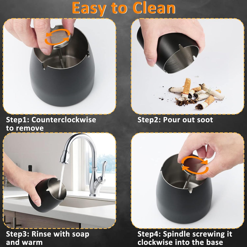 Ashtray with Lid, Windproof Ashtray for Outdoor and Indoor, Smell Proof Metal Ashtray for Garden, Bar, Balcony, Home Office Decoration, Black