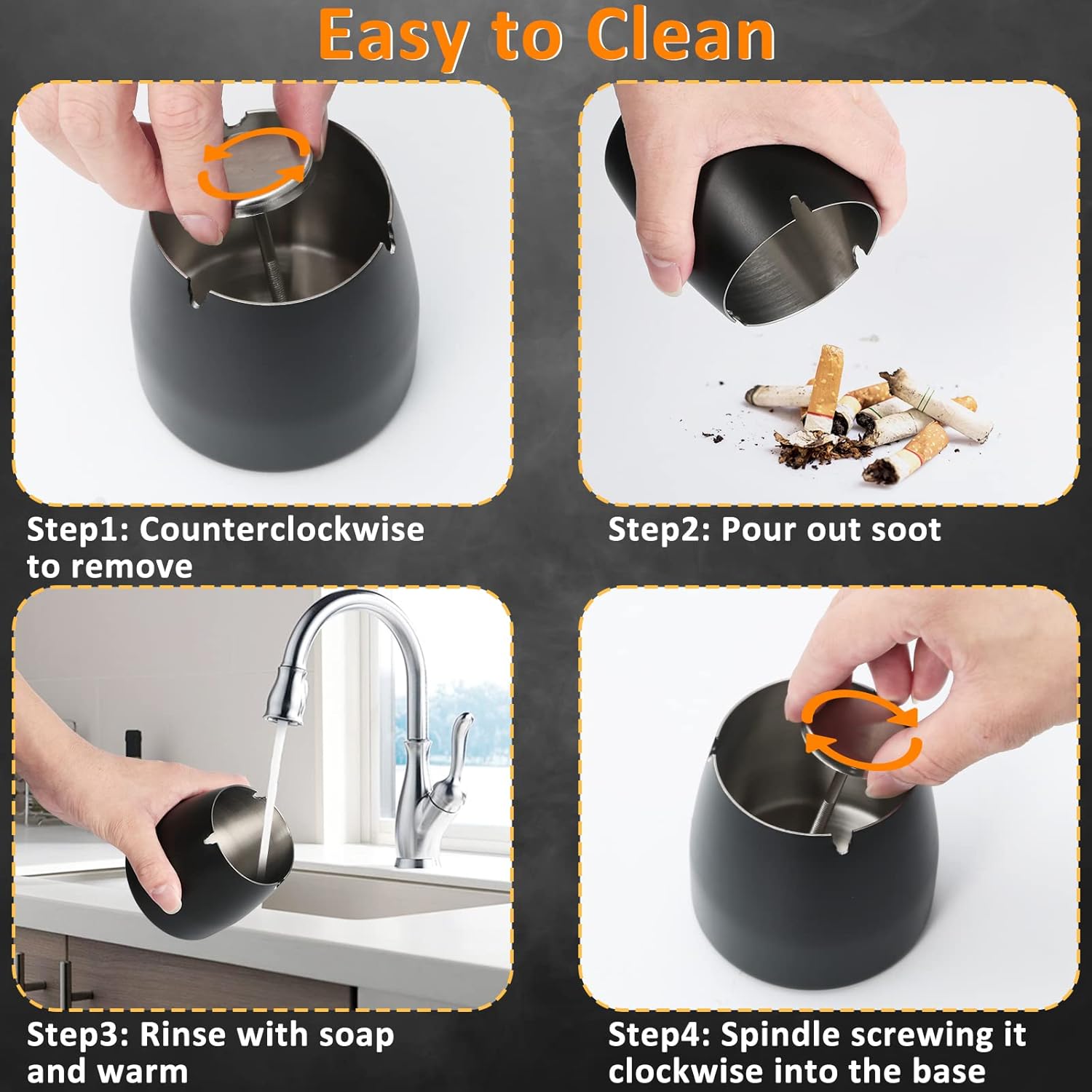 Ashtray with Lid, Windproof Ashtray for Outdoor and Indoor, Smell Proof Metal Ashtray for Garden, Bar, Balcony, Home Office Decoration, Black