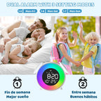 Children's Digital Alarm Clock, Children's Alarm Clock, Day/Night, LED Digital Clock with Snooze, 2 Alarms, 10 Colour Lights, 7 Ringtones, 12/24 H, Wake/Sunset Light