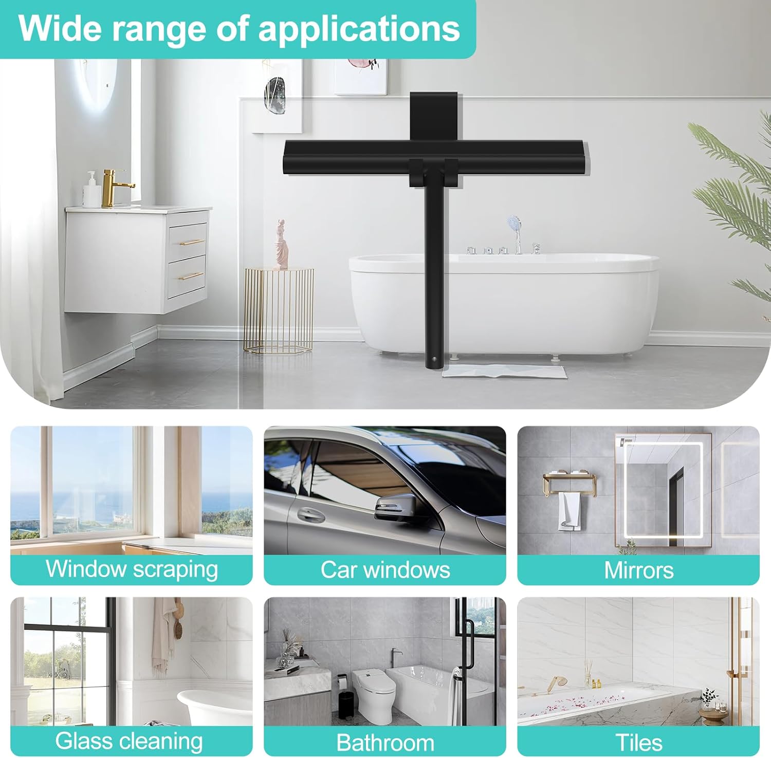 Shower Squeegee, Silicone Window Squeegee, Portable, Efficient Cleaning, with Hanging Cord, for Window Squeegee, Bathroom, Mirror, Glass Cleaning, Tiles, Black