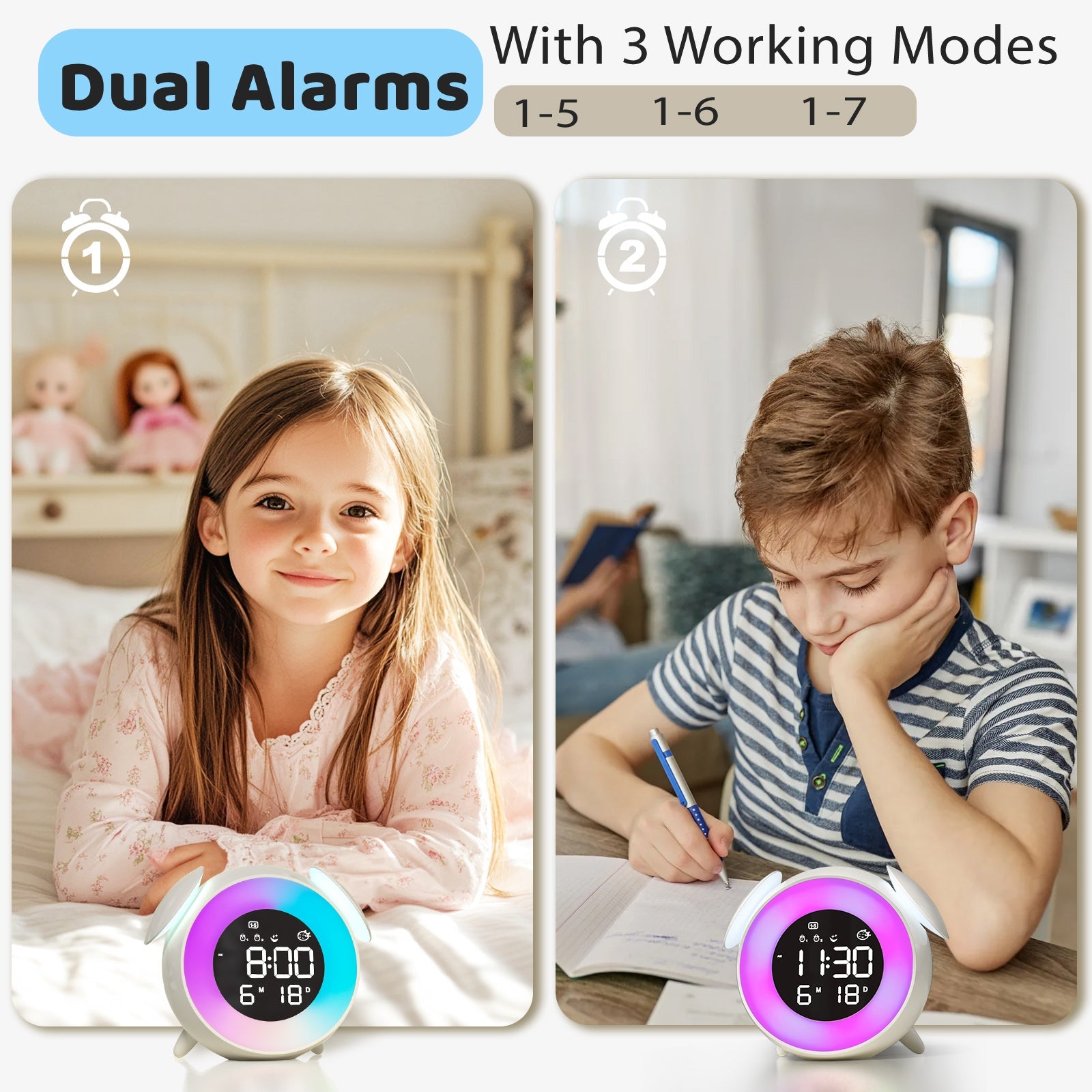 Children's Alarm Clock, Sleep Trainer with 15 Colour Light Alarm Clock, Snooze, Dual Alarm, Sunrise Simulator, Weekday/Weekend Mode, Digital Children's Alarm Clock for Boys and Girls