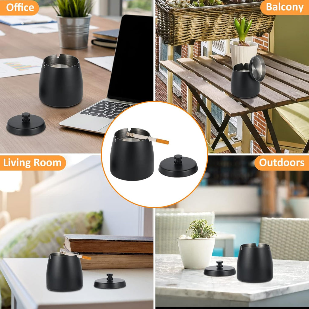 Ashtray with Lid, Windproof Ashtray for Outdoor and Indoor, Smell Proof Metal Ashtray for Garden, Bar, Balcony, Home Office Decoration, Black