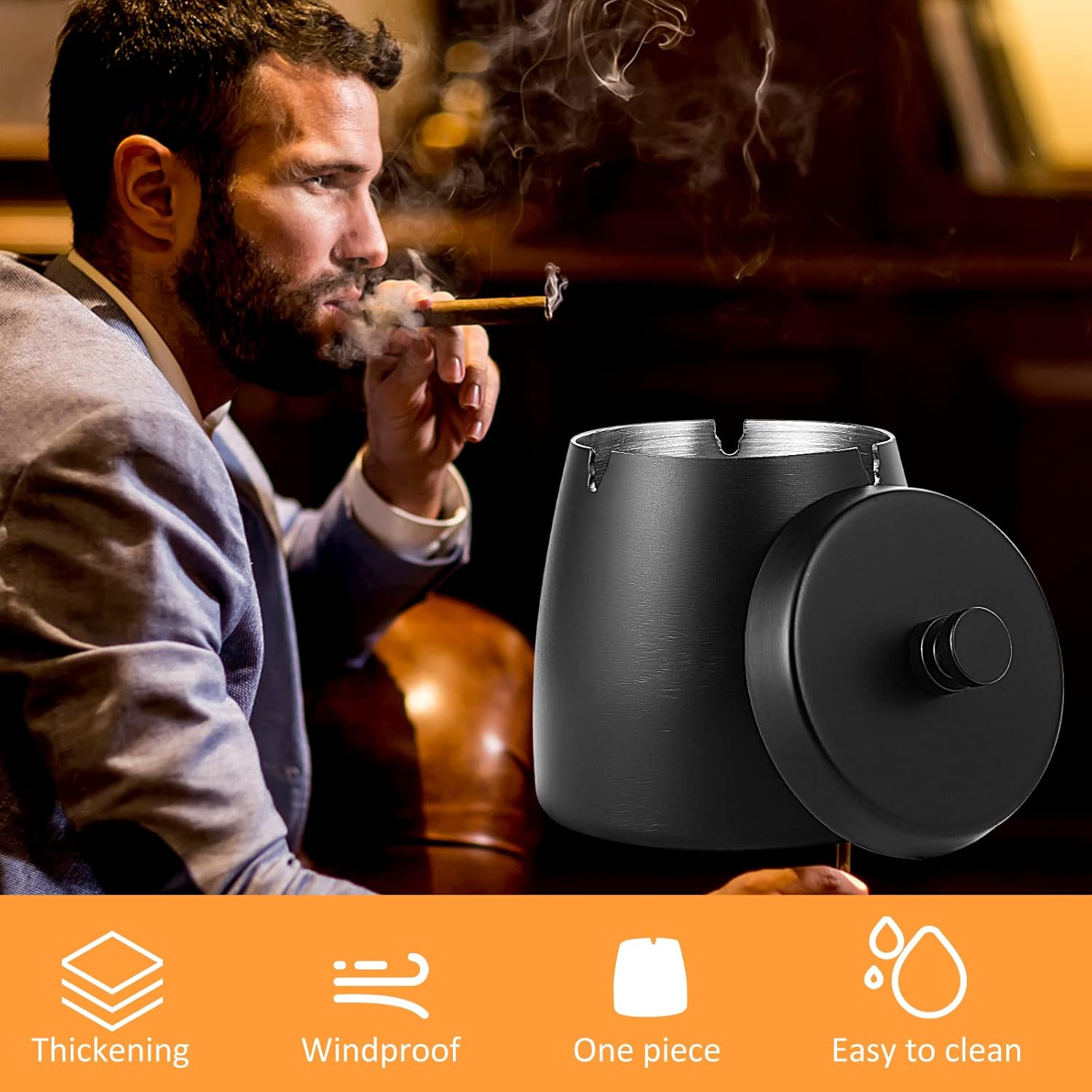 Ashtray with Lid, Windproof Ashtray for Outdoor and Indoor, Smell Proof Metal Ashtray for Garden, Bar, Balcony, Home Office Decoration, Black