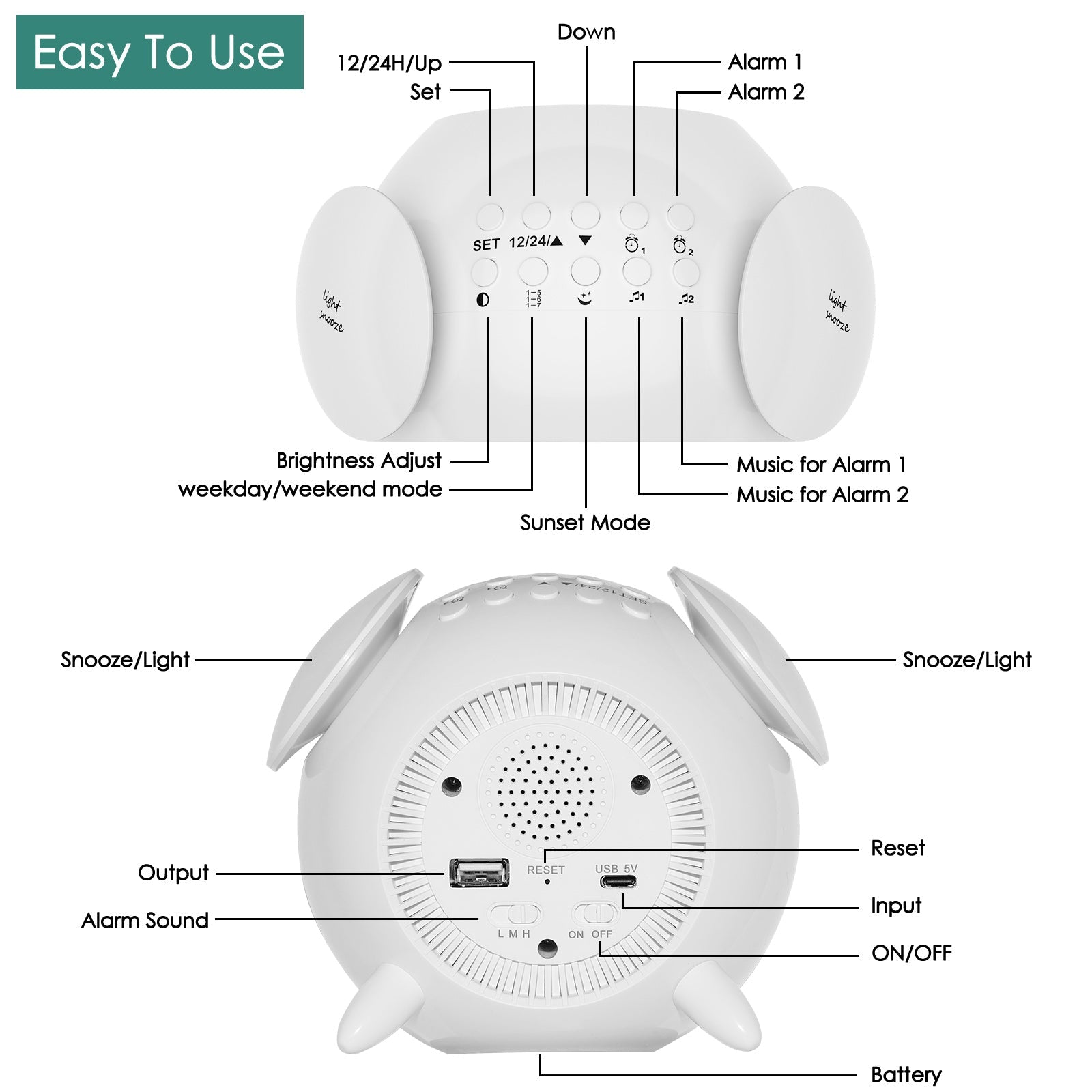 Children's Digital Alarm Clock, Children's Alarm Clock, Day/Night, LED Digital Clock with Snooze, 2 Alarms, 10 Colour Lights, 7 Ringtones, 12/24 H, Wake/Sunset Light