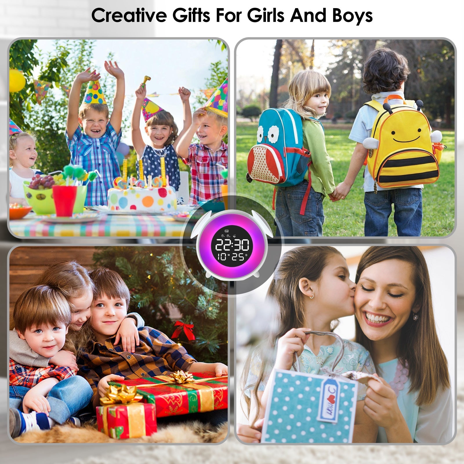 Children's Digital Alarm Clock, Children's Alarm Clock, Day/Night, LED Digital Clock with Snooze, 2 Alarms, 10 Colour Lights, 7 Ringtones, 12/24 H, Wake/Sunset Light